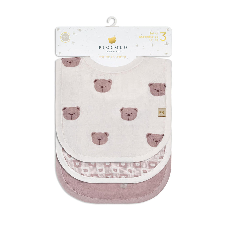 Bavoirs en Mousseline (3) - Ours Rose-Piccolo Bambino-ABN-PBF06M99E3PK-CLÉMENT