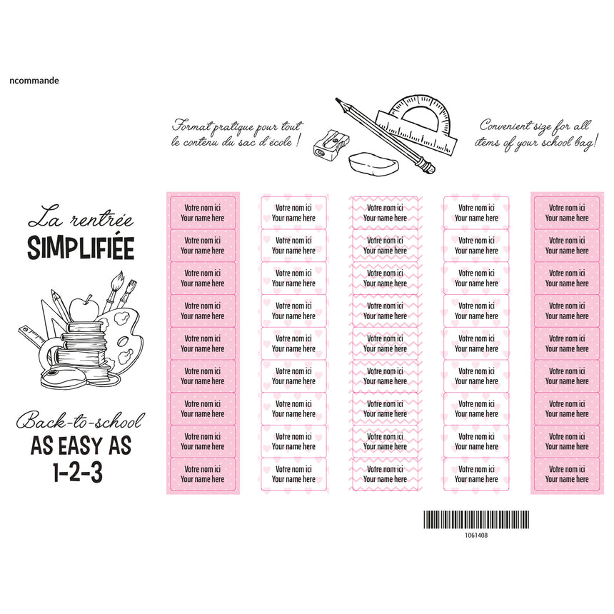 Étiquettes Essentiel - Scolaire rose-Clement - Impressions-LAB-ECNOM-ECOLER-CLÉMENT