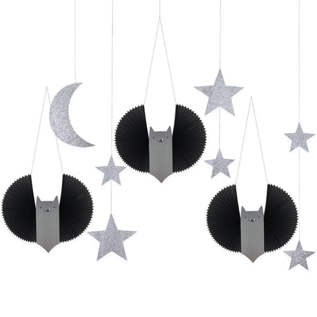 Grandes décorations d’Halloween suspendues : chauve-souris, étoiles et lune (x 7)-Meri Meri-MME-303891-CLÉMENT